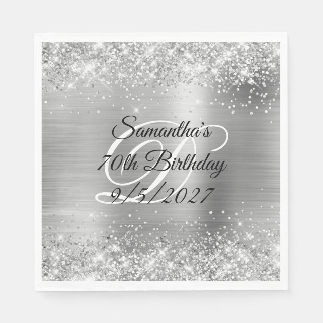 Faux Silver Glitter and Foil 70th Birthday Napkin (Front)
