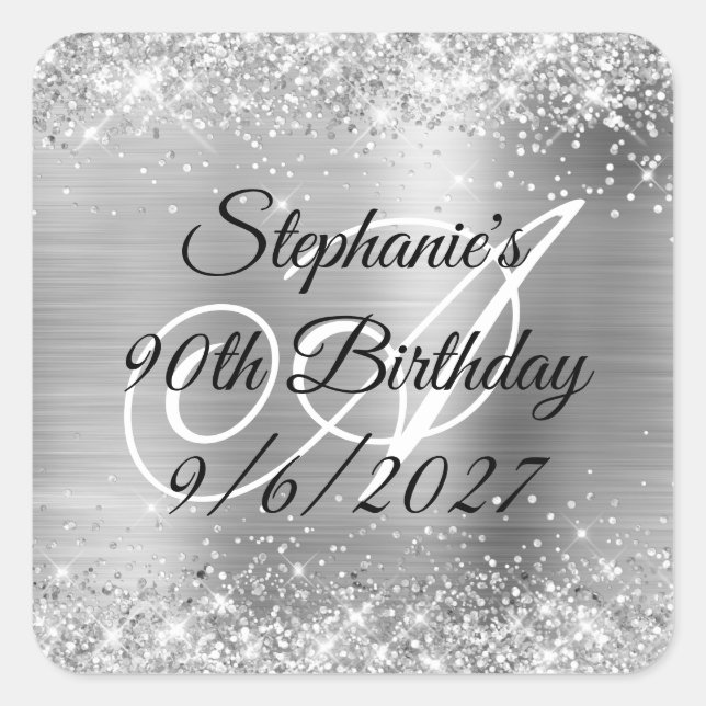 Faux Silver Glitter and Foil 90th Birthday Square Sticker (Front)