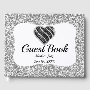 Faux Silver Glitter Black Heart Wedding Guestbook