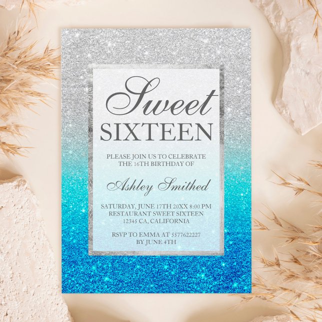 Faux silver glitter blue teal Sweet 16 Invitation (Creator Uploaded)