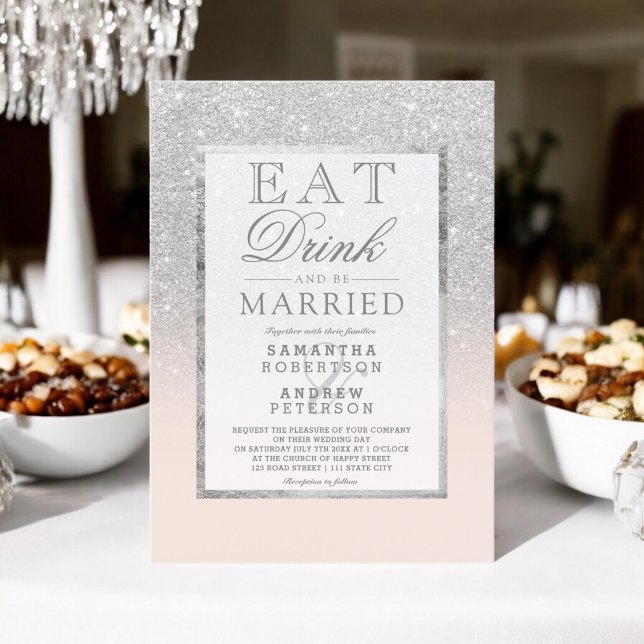 Faux silver glitter blush pink eat drink wedding invitation (Faux silver glitter blush pink eat drink wedding invitation)
