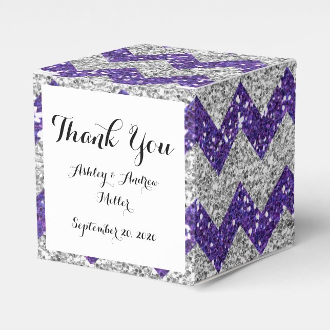 Faux Silver Glitter Chevron Pattern Purple Glitter Favour Box (Front Side)