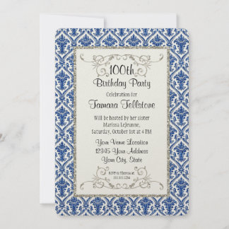 Faux Silver Glitter Damask Floral Pattern Birthday Invitation
