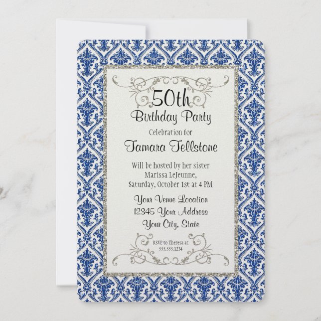 Faux Silver Glitter Damask Floral Pattern Birthday Invitation (Front)