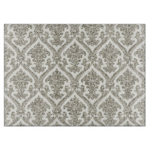 Faux Silver Glitter Damask Floral Pattern Kitchen Cutting Board