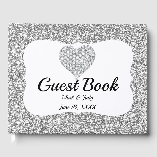 Faux Silver Glitter Diamond Heart Wedding Guest Book (Front)