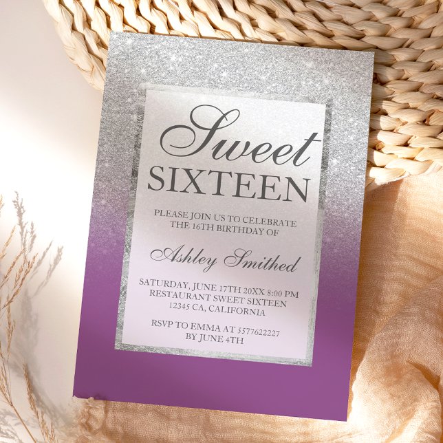 Faux silver glitter elegant purple Sweet 16 Invitation (Creator Uploaded)
