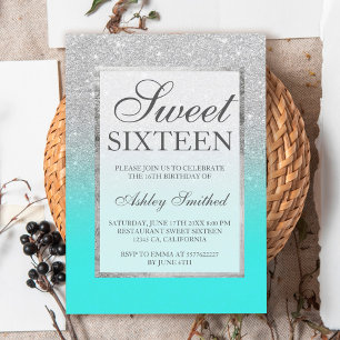 Faux silver glitter elegant teal Sweet 16 Invitation