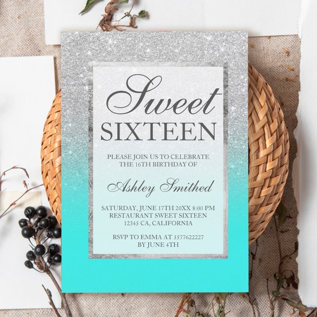 Faux silver glitter elegant teal Sweet 16 Invitation (Creator Uploaded)