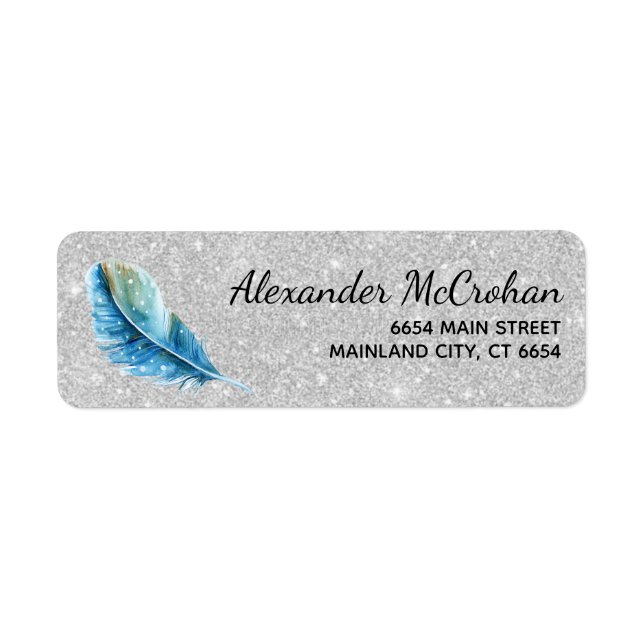 Faux Silver Glitter Foil Feather Return Address (Front)
