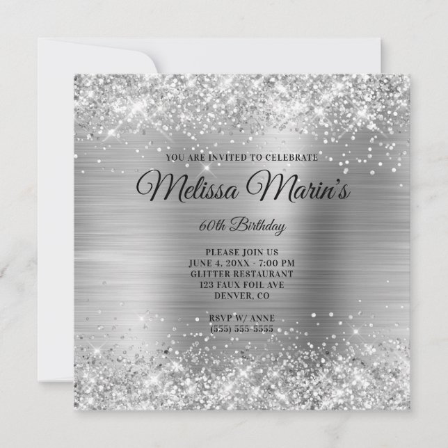 Faux Silver Glitter Foil Monogram 60th Birthday Invitation (Front)