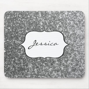 Faux Silver Glitter Glamour Girly Glam Name Mouse Pad