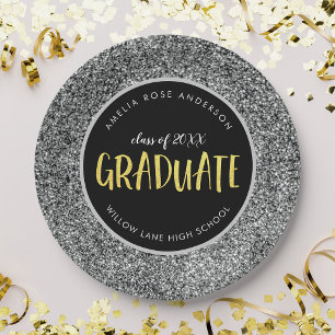 Faux Silver Glitter Graduate Graduation Paper Plate
