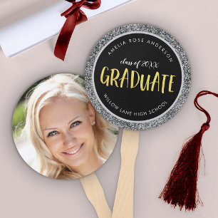 Faux Silver Glitter Graduate Photo Graduation Hand Fan