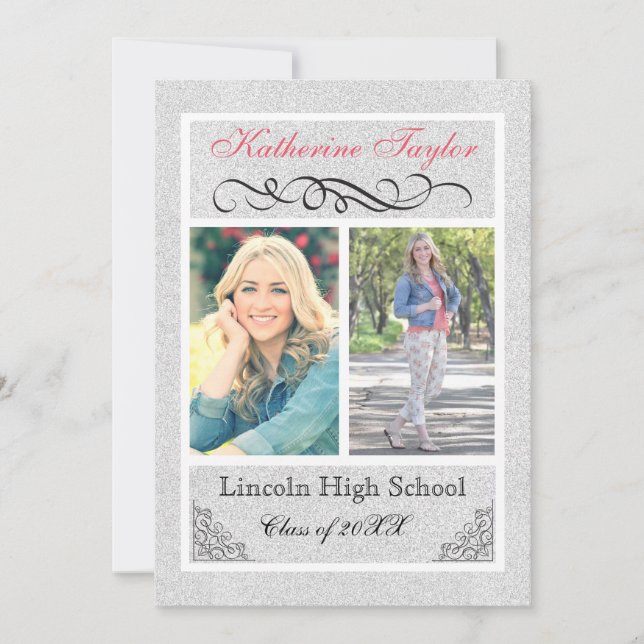 Faux Silver Glitter - Graduation Announcement (Front)