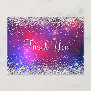 Faux Silver Glitter Hot Pink Celestial Thank You Postcard