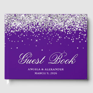 Faux Silver Glitter Indigo Purple Wedding Guest Book