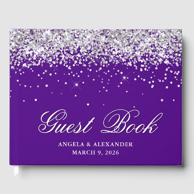 Faux Silver Glitter Indigo Purple Wedding Guest Book (Front)