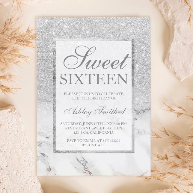Faux silver glitter marble elegant chic Sweet 16 Invitation (Creator Uploaded)