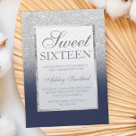 Faux silver glitter navy blue legant chic Sweet 16 Invitation<br><div class="desc">A modern,  pretty chic and elegant faux silver glitter shower ombre with navy blue colour block Sweet 16 birthday party invitation with and elegant silver frame Perfect for a princess Sweet sixteen.</div>