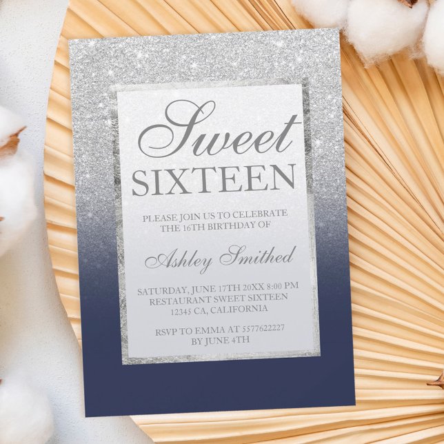 Faux silver glitter navy blue legant chic Sweet 16 Invitation (Creator Uploaded)