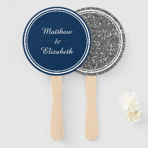 Faux Silver Glitter Navy Blue Wedding Hand Fan