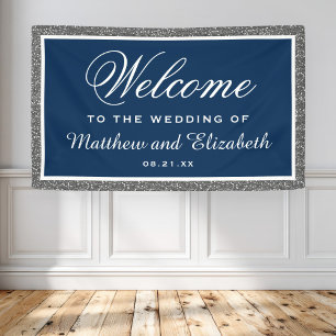 Faux Silver Glitter Navy Blue Wedding Welcome Banner