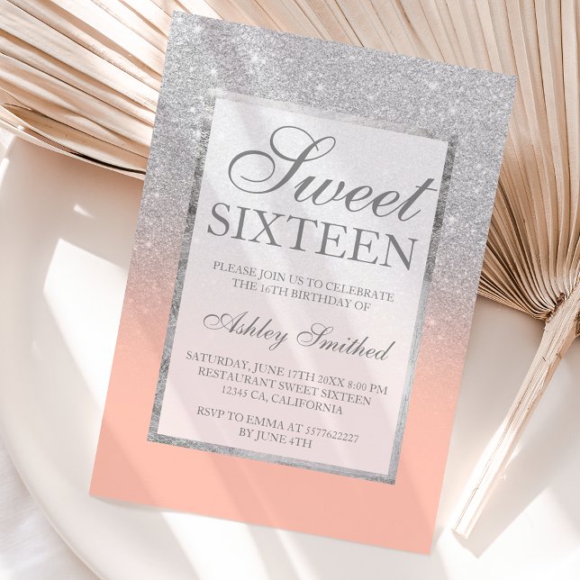 Faux silver glitter peach salmon chic Sweet 16 Invitation (Creator Uploaded)