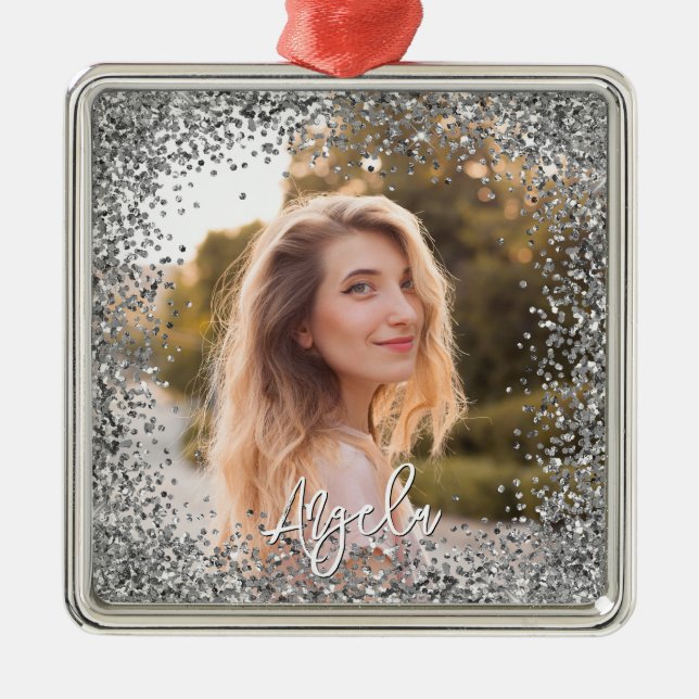 Faux Silver Glitter Photo Metal Tree Decoration (Front)