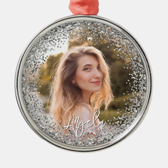 Faux Silver Glitter Photo Metal Tree Decoration (Front)