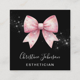 faux silver glitter pink bow square business card