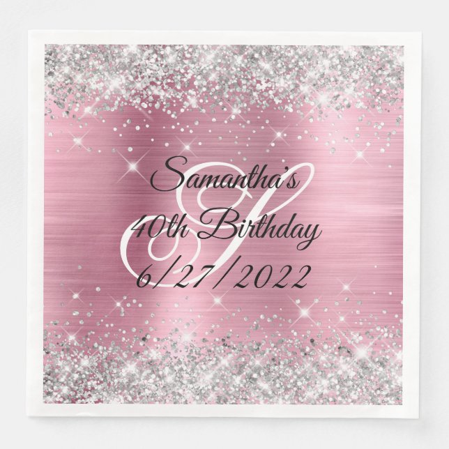 Faux Silver Glitter Pink Foil 40th Birthday Napkin (Front)