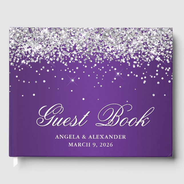 Faux Silver Glitter Royal Purple Ombre Wedding Guest Book (Front)