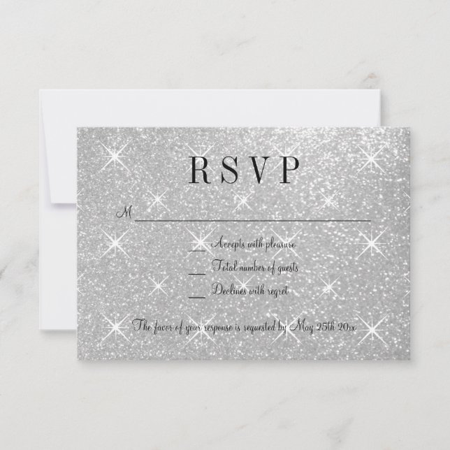 Faux silver glitter RSVP wedding response cards (Front)