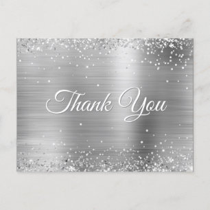 Faux Silver Glitter Sprinkled Foil Thank You Postcard