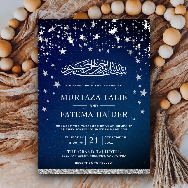 Faux Silver Glitter Stars Blue Muslim Wedding Invitation (Creator Uploaded)