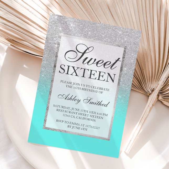 Faux silver glitter teal chic Sweet 16 Invitation (Creator Uploaded)