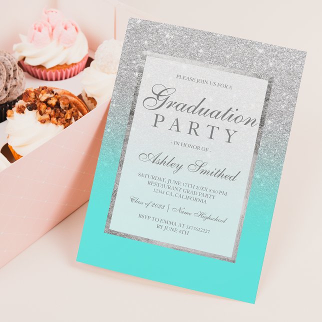 Faux silver glitter teal Graduation party Invitation (Creator Uploaded)