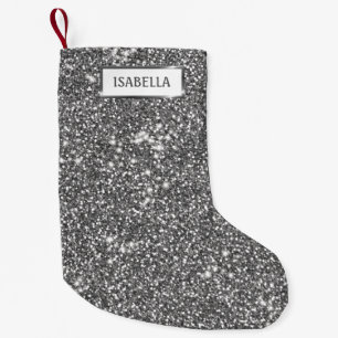Faux Silver Glitter Texture Look & Custom Name Small Christmas Stocking