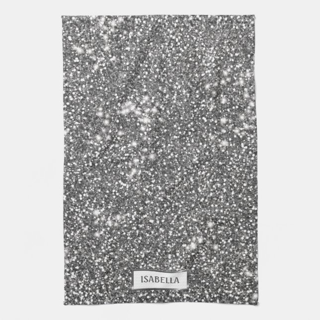 Faux Silver Glitter Texture Look & Custom Name Tea Towel (Vertical)