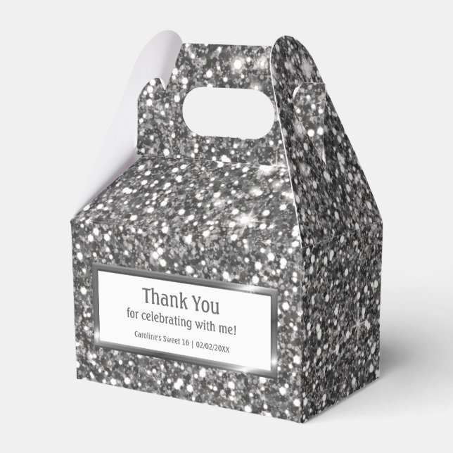 Faux Silver Glitter Texture Look & Custom Text Favour Box (Front Side)