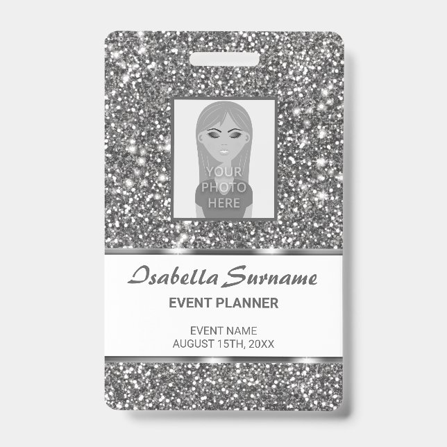 Faux Silver Glitter Texture Look & Custom Text ID Badge (Front)