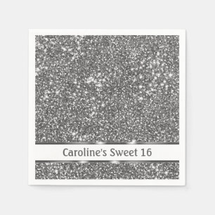 Faux Silver Glitter Texture Look & Custom Text Napkin