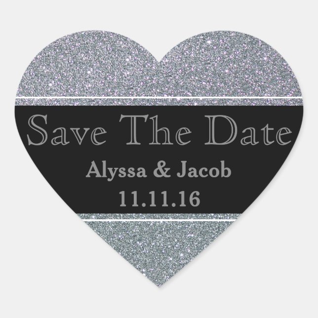 Faux Silver Glitter Wedding  Save the Date Heart Sticker (Front)