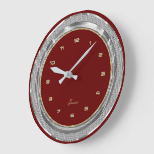Faux Silver & Gold Border Custom Red Background Large Clock