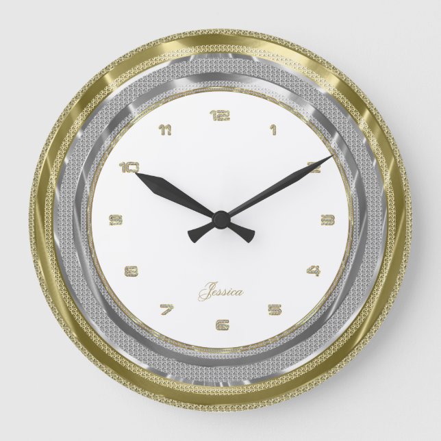 Faux Silver & Gold Border Custom White Background Large Clock (Front)