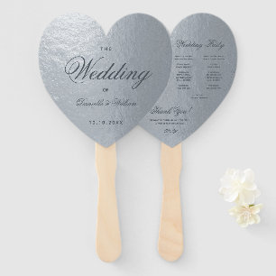 Faux Silver Grey Calligraphy Heart Wedding Program Hand Fan