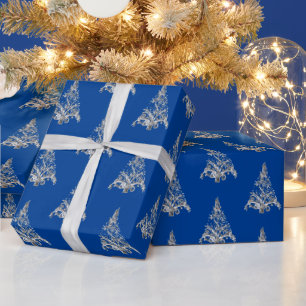 Faux Silver Grey Christmas Tree Pattern Blue Wrapping Paper