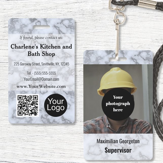 Faux Silver Grey Marble ID ID Badge (Faux Silver Gray Marble ID Badge by Office Accessories Shop)