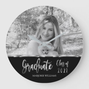 Faux Silver Grey Script Graduate Class of 2021 Large Clock